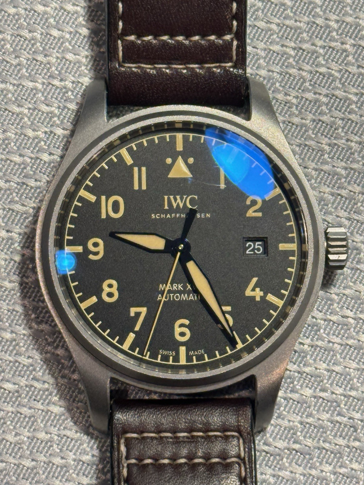 IWC Pilot’s Watch Mark XVIII Titanium Black Dial Date Brown Leather Strap