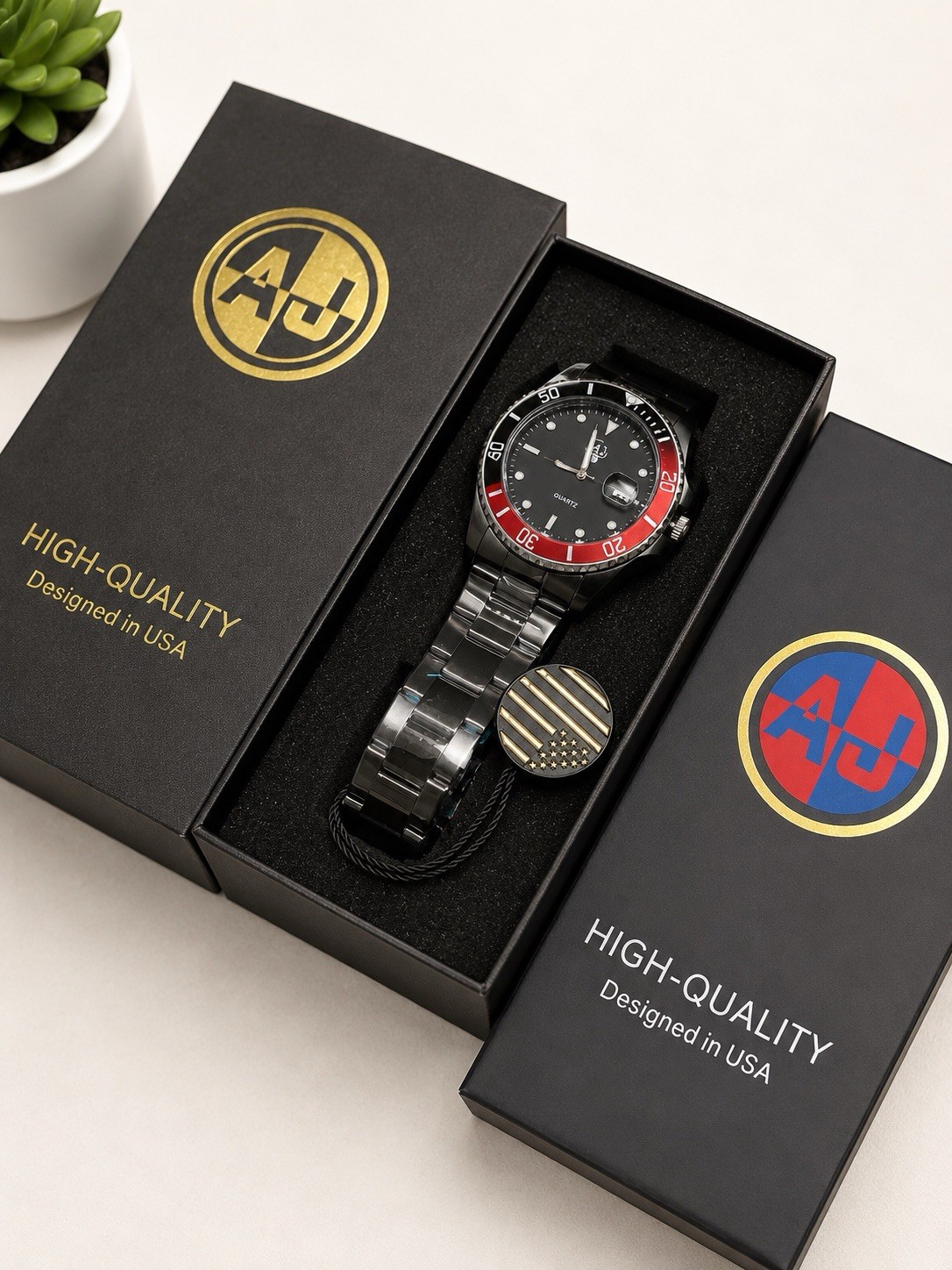 AJ Quartz Diver Wristwatch Black Dial SS Bracelet Red/Black Rotating Bezel Date