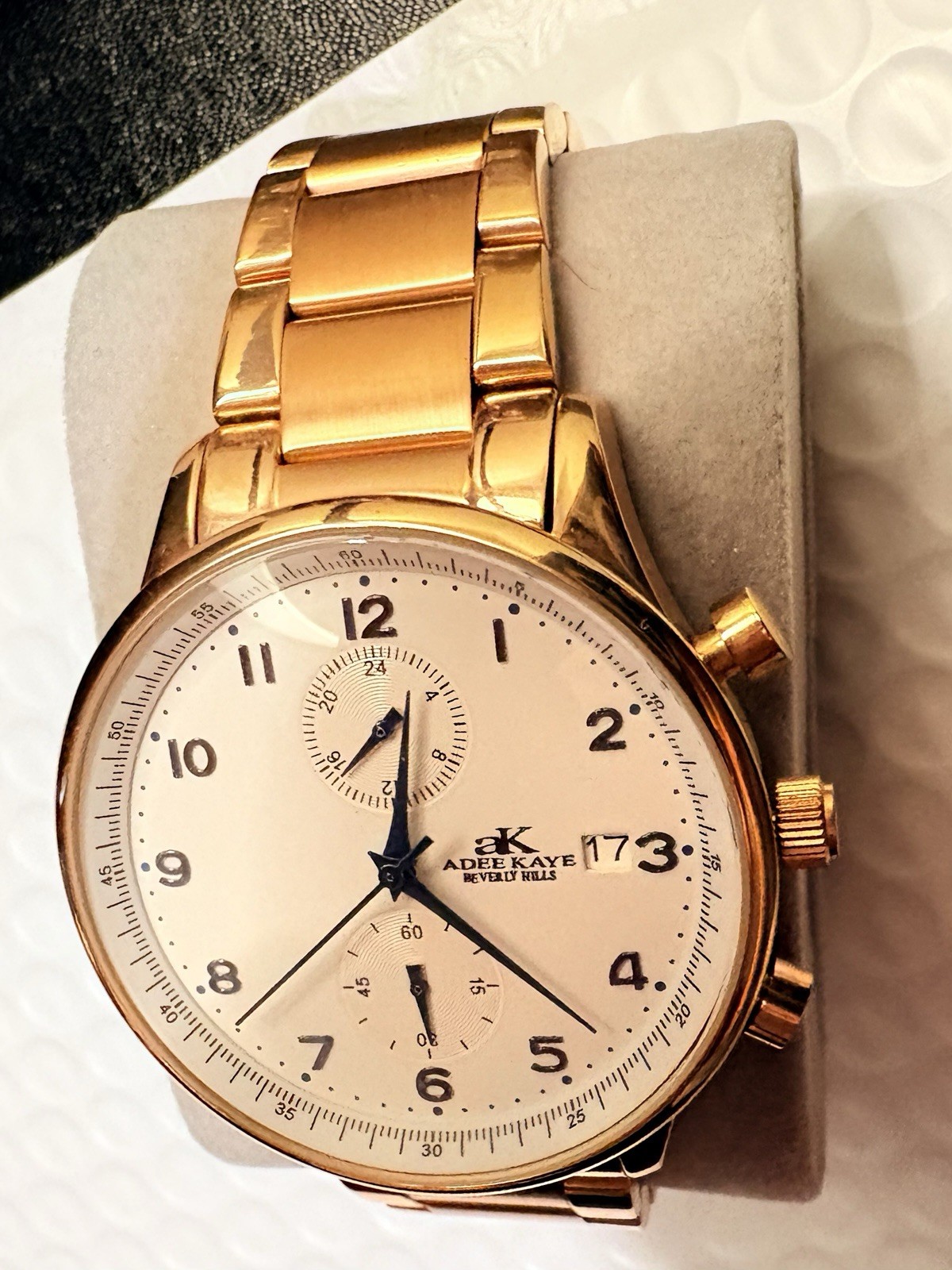 Adee Kaye Men’s Chronograph Watch White Dial W/ Blue Numerals/Hands + Date