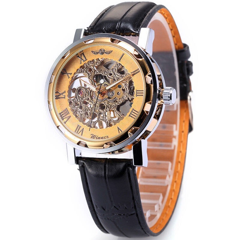 Luxury Men’s Skeleton Leather Steampunk Mechanical Wrist Watch Gold