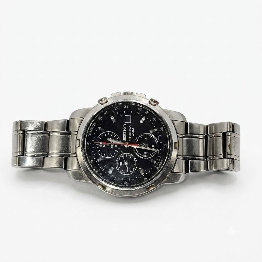 Seiko Chronograph 100M Men’s Watch Black Dial Stainless Steel 7T92 – Works Perfe
