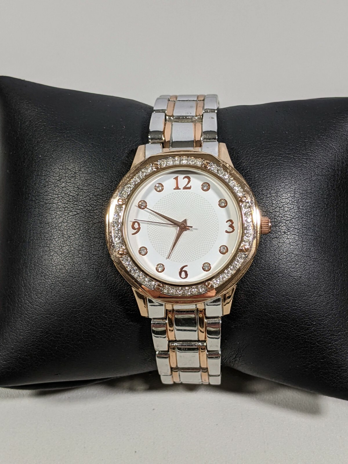 White Dial Crystal Accent Bezel Round Gold Tone Case 35.5 mm Two Tone Band Watch