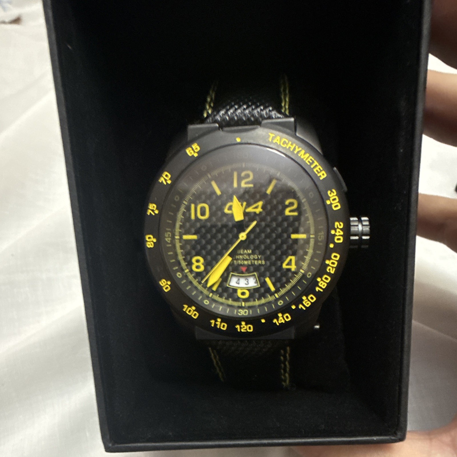 Carbon14 Men’s 43mm Carbon Fiber Dial Tachymeter Quartz Date Watch Black/Yellow