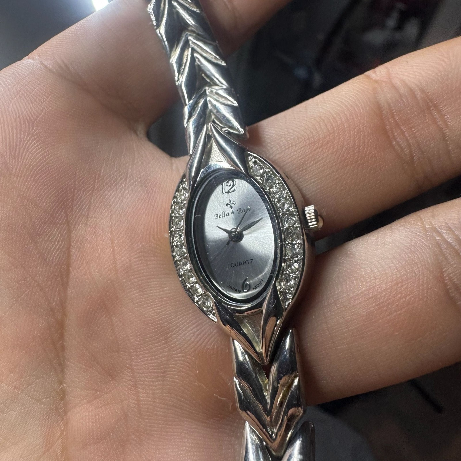 Bella & Rose Women’s Silver Tone Quartz Watch with Rhinestone Bezel and Chevron