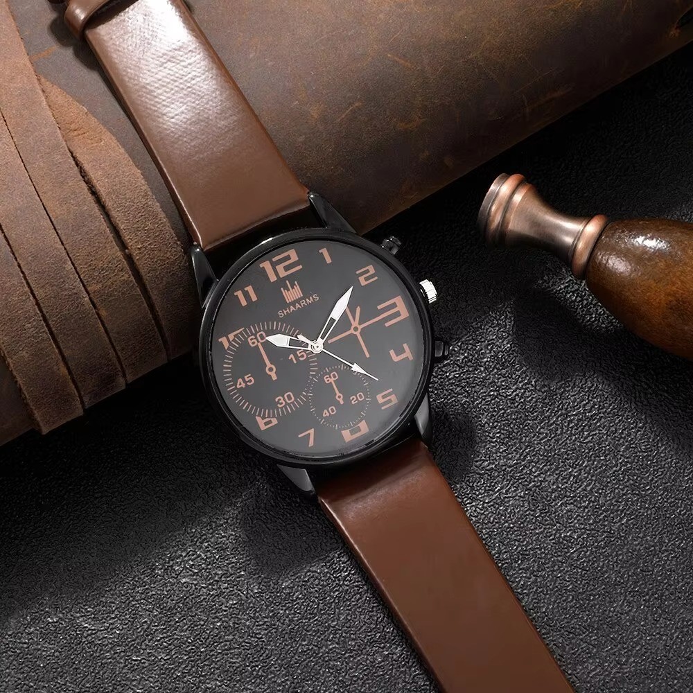 5PCS Men’s Quartz Watch Set Big Dial Brown Leather Sports Casual Wrist Watch