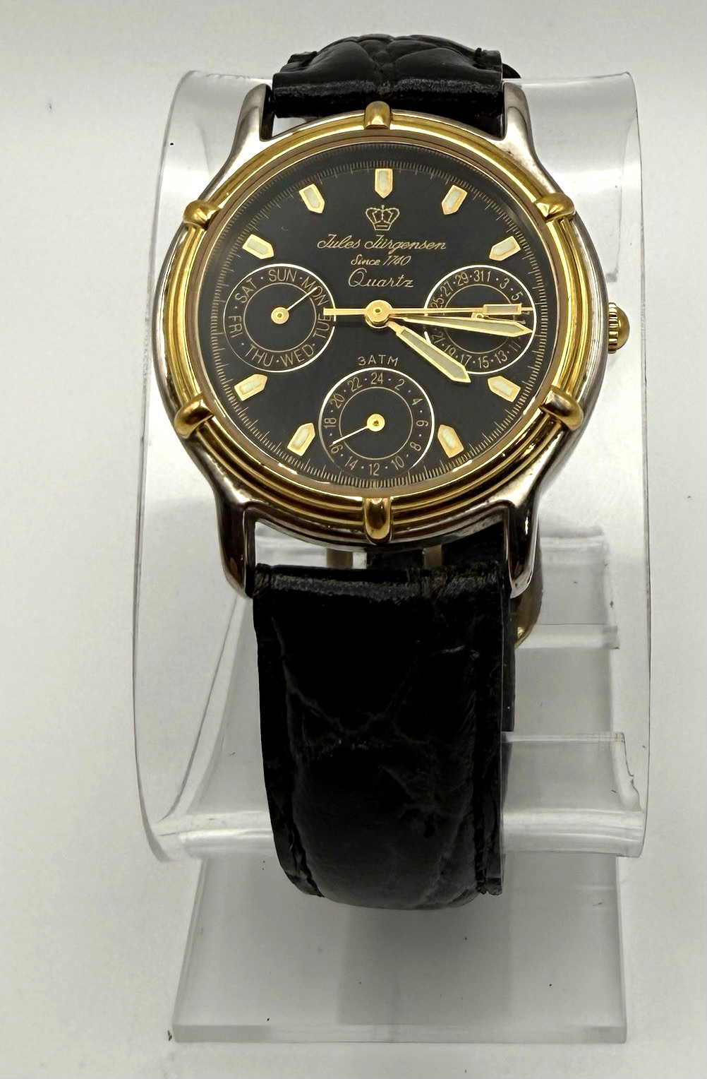 Jules Jurgensen Quartz Two-Tone SS Case Black Dial Leather Strap Day/Date 30m