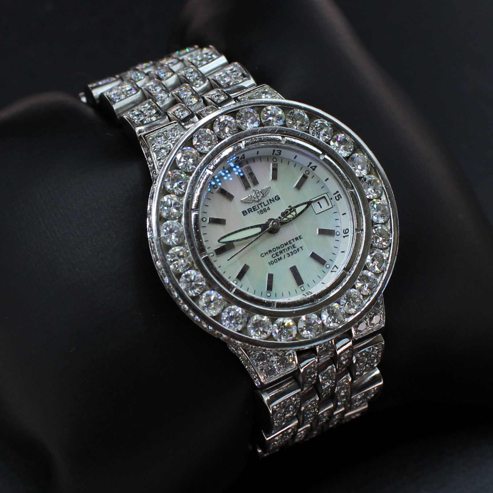 21 CARAT BUST DOWN BREITLING STARLINER WHITE MOTHER OF PEARL DIAL DIAMOND WATCH!
