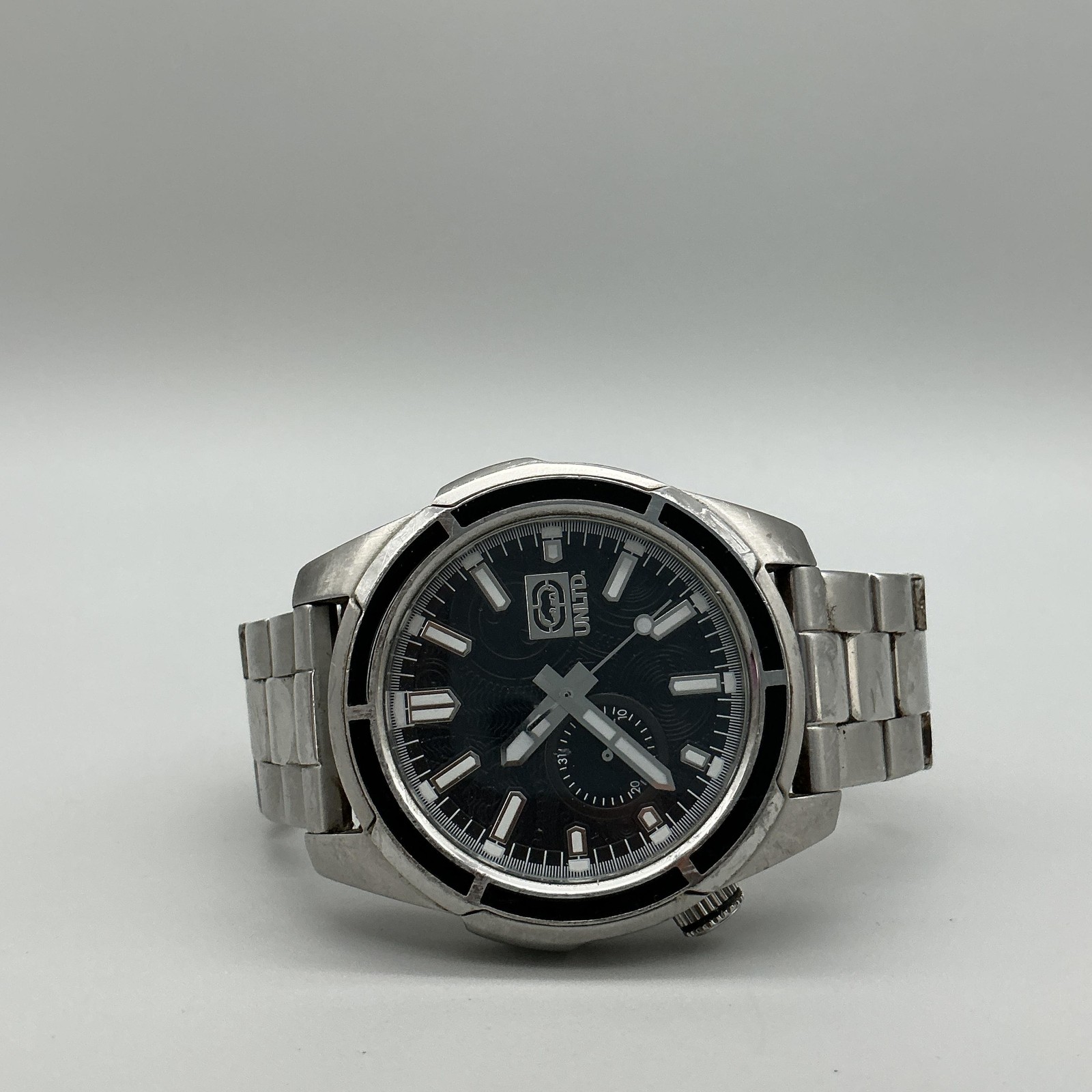 UNLTD. By Marc Ecko E-15033G1 Mens Watch 46mm Black Dial Steel Bracelet 8″