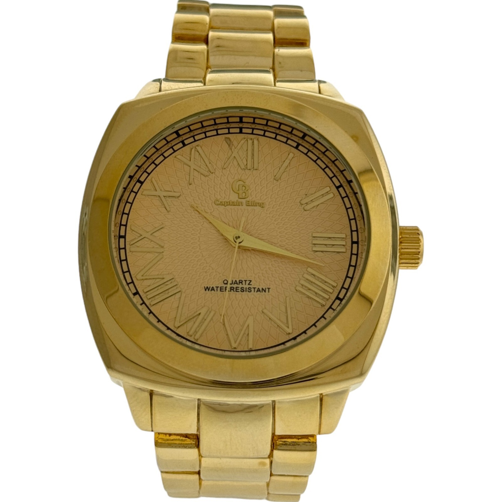 Captain Bling Gold Stainless Steel Watch: Textured Dial with Roman Numerals