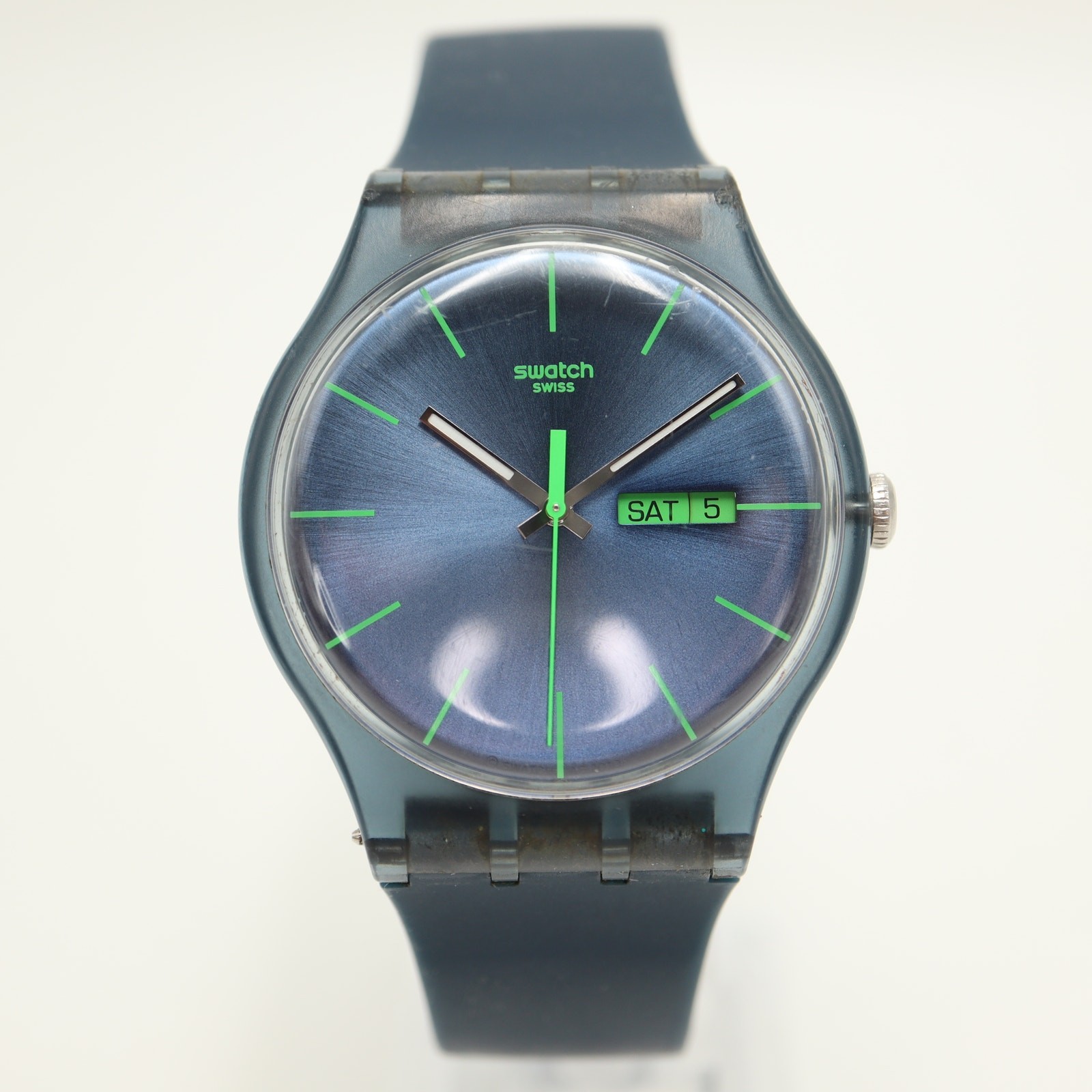 Swatch Blue Rebel Mens Watch 40mm Swiss Blue Green Day Date with New Battery
