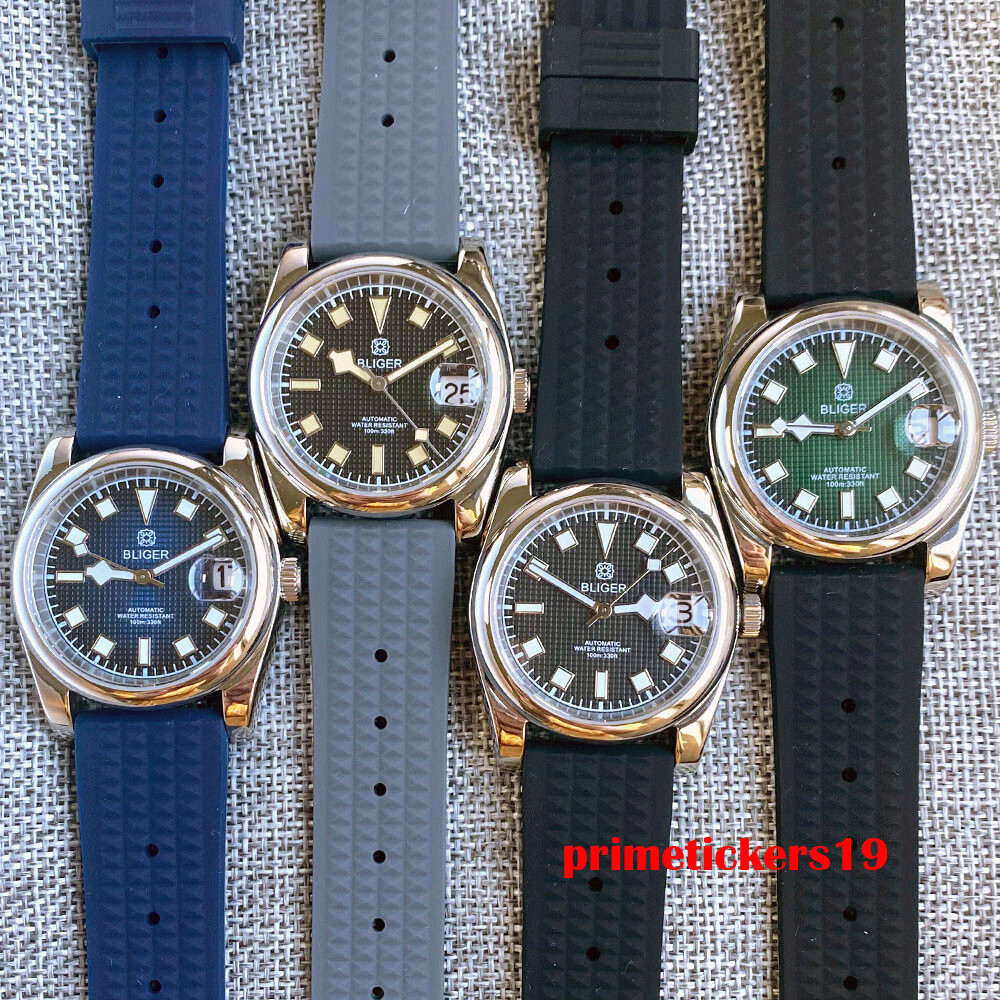 BLIGER 36mm/39mm Polished Case NH35A Automatic Men Watch Grid Dial Date Rubber