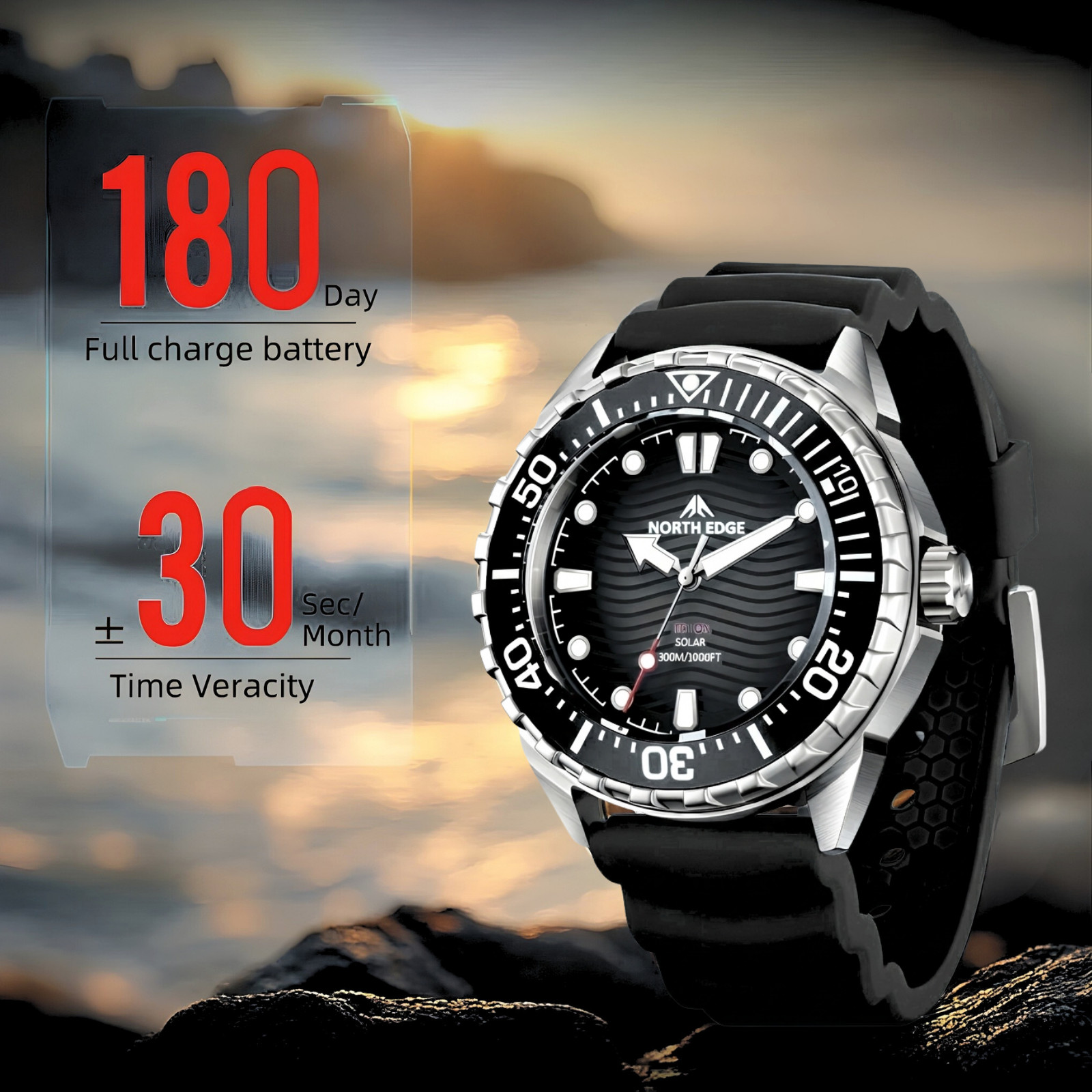 North Edge TRITON Solar Dive Watch Phantom Black 45.8mm 300m Waterproof – New UK
