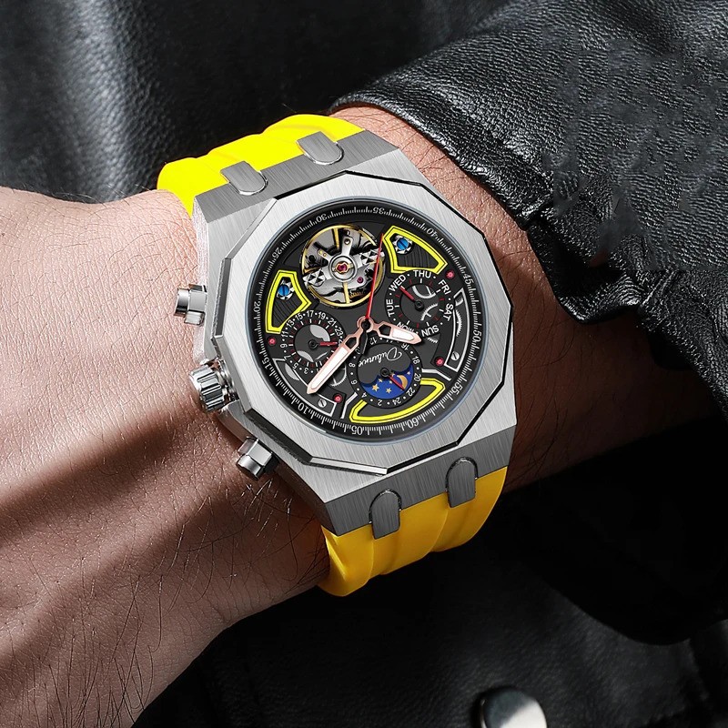 Men’s Tourbillon Mechanical Skeleton Watch Moon Phase Date Waterproof Automatic
