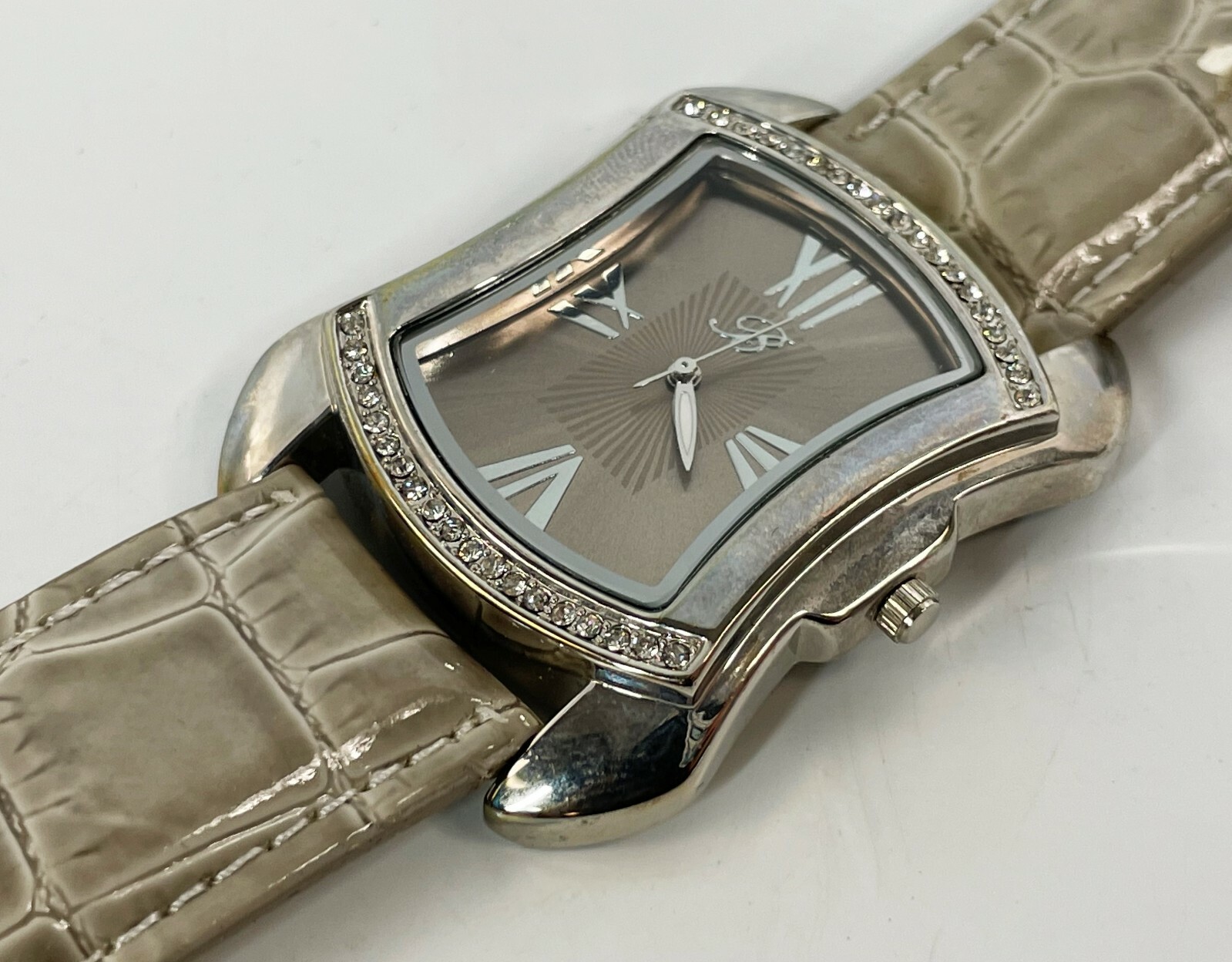 BURGI Rhinestone Stainless Gray Croc Emboss Leather Quartz Wrist Watch BTV011E