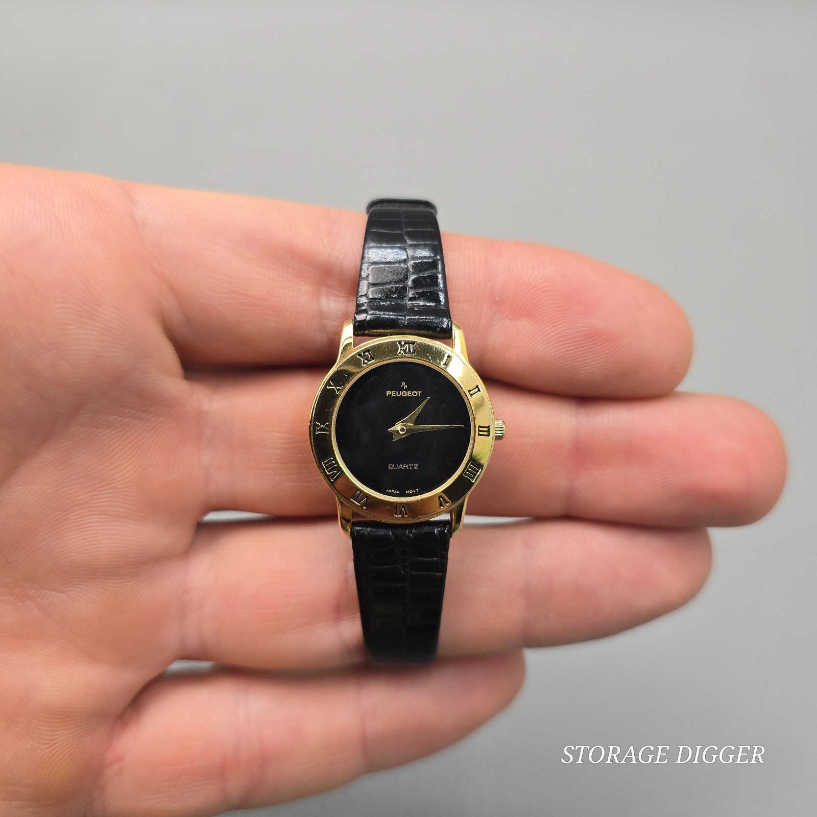 Vintage Peugeot Women’s Gold Tone Quartz Wristwatch, Black Genuine Leather Band