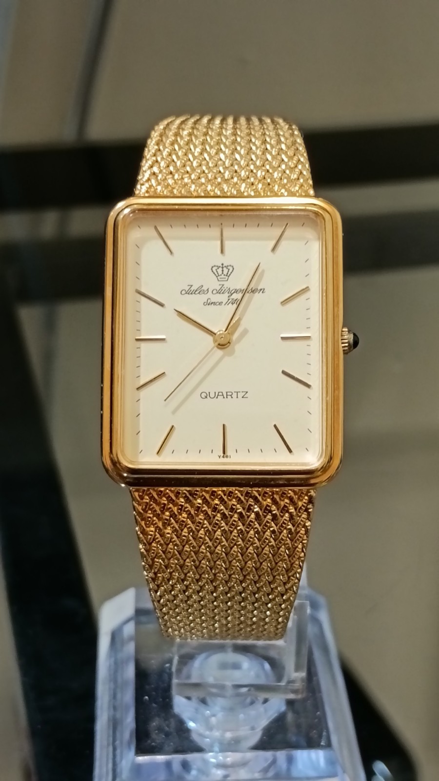 JULES JURGENSEN Rectangular Vintage Men’s Watch Gold Tone Quartz 26 mm Box