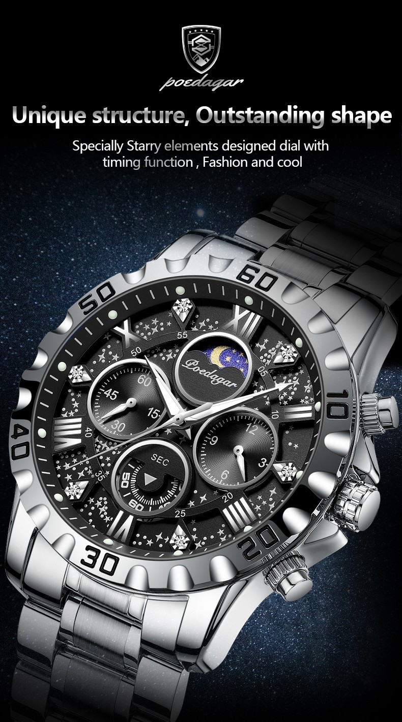 POEDAGAR Luxury Men’s Quartz Watch 3ATM Luminous Stainless-Steel Chronograph