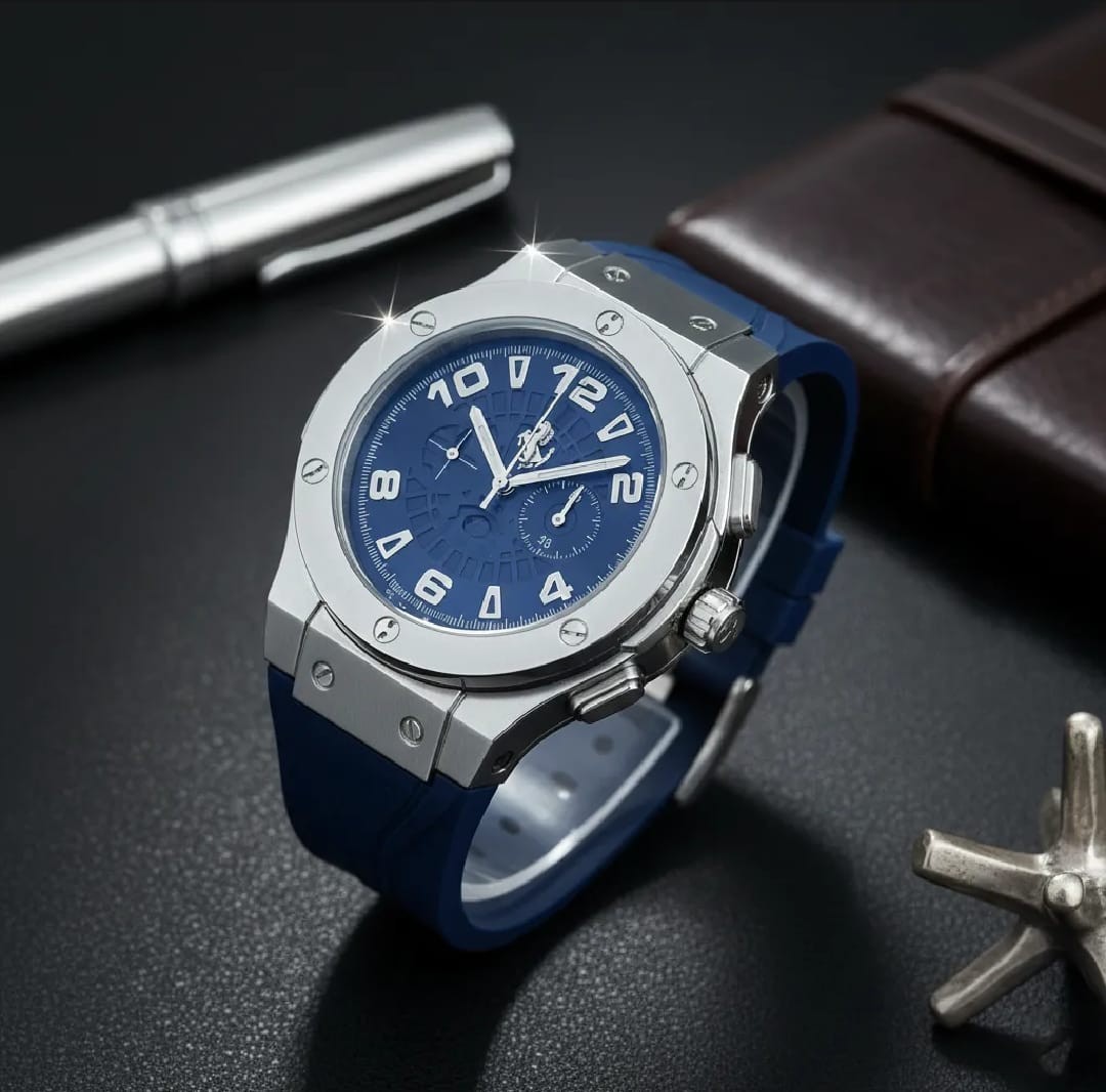 Men’s Luxury Analog Wrist Watch Blue Dial Stainless Steel Silicone Band
