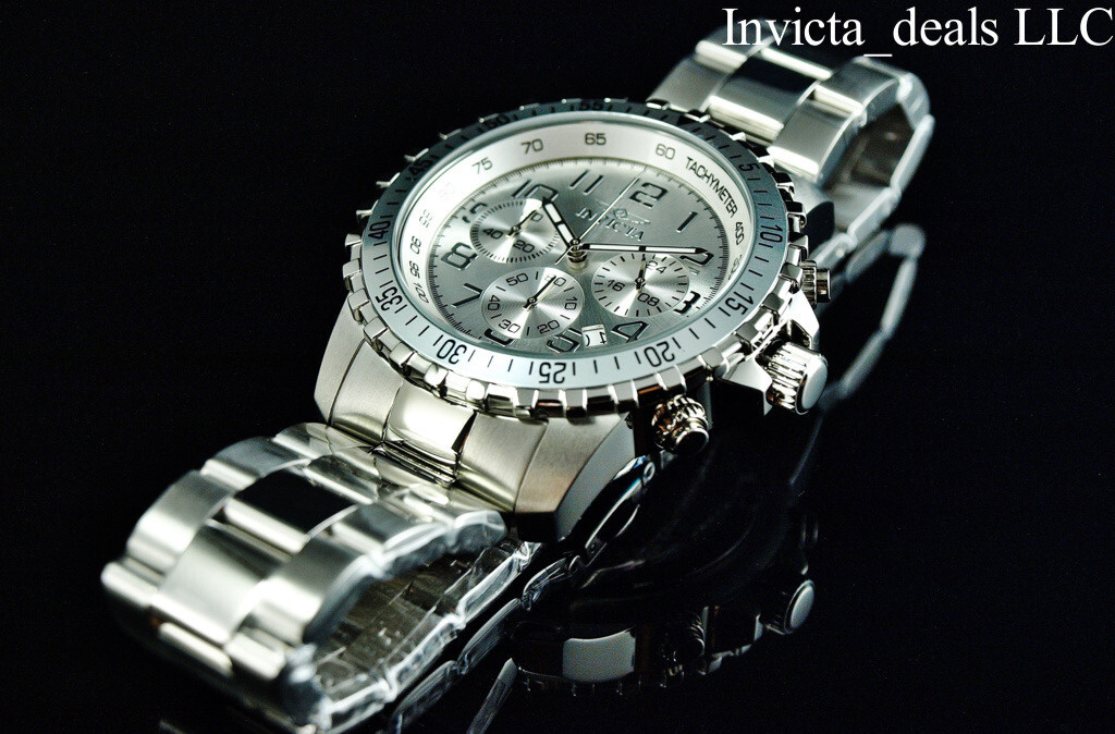Invicta Men’s 45mm Specialty PILOT Chronograph SILVER DIAL Silver Tone SS Watch