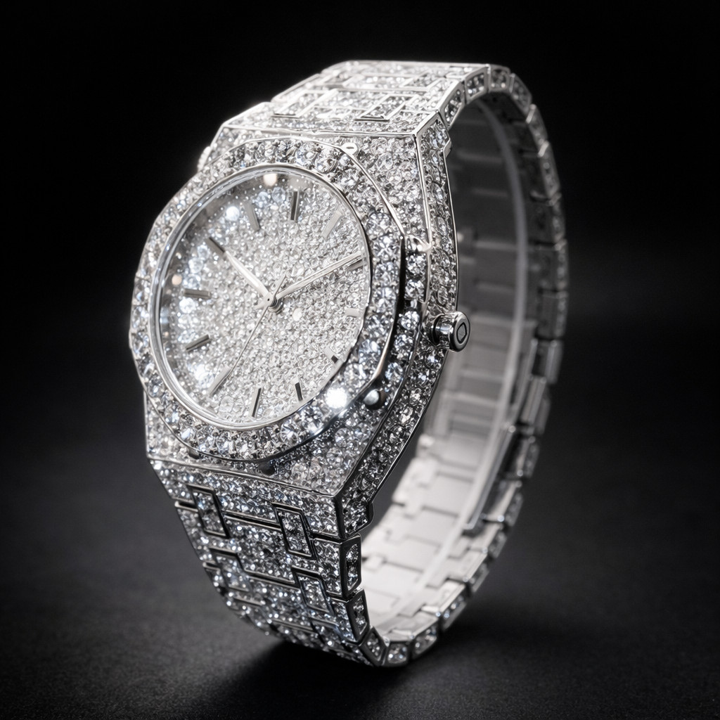 Mens Diamond Bling Watch Quartz Luxury Zircon Bezel Fashion Wristwatch