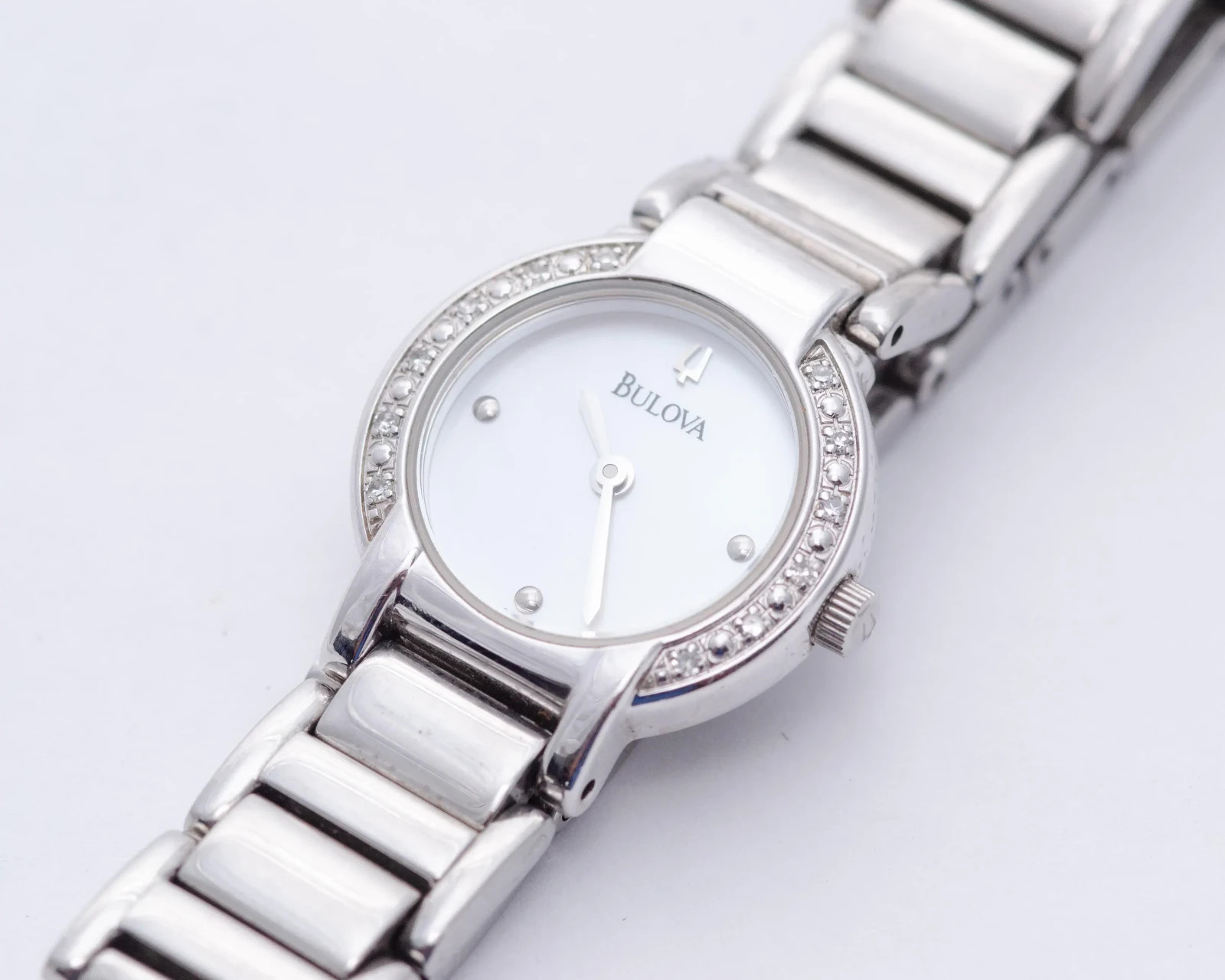 Ladies Bulova 96R08 Silver Dial Diamond Accent Bezel Quartz Watch