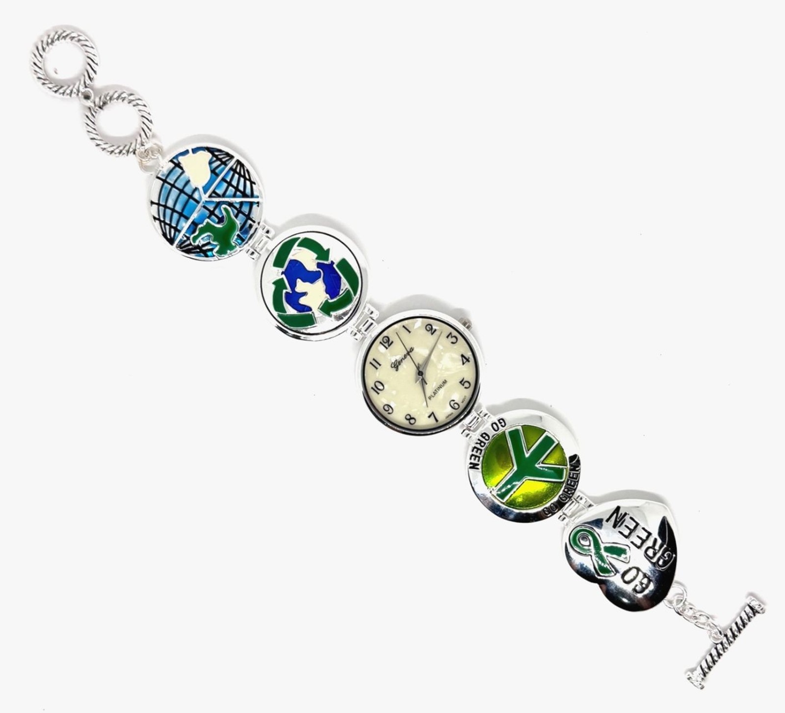 Ladies Watch Geneva Recycle Climate Silver Enamel Watch Band #1007