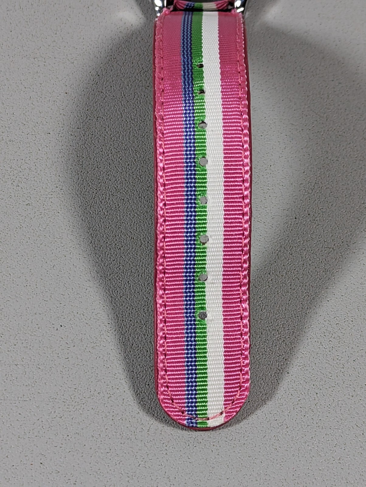 White Dial Round Silver Tone Case Pink White Green Blue Canvas Band Watch