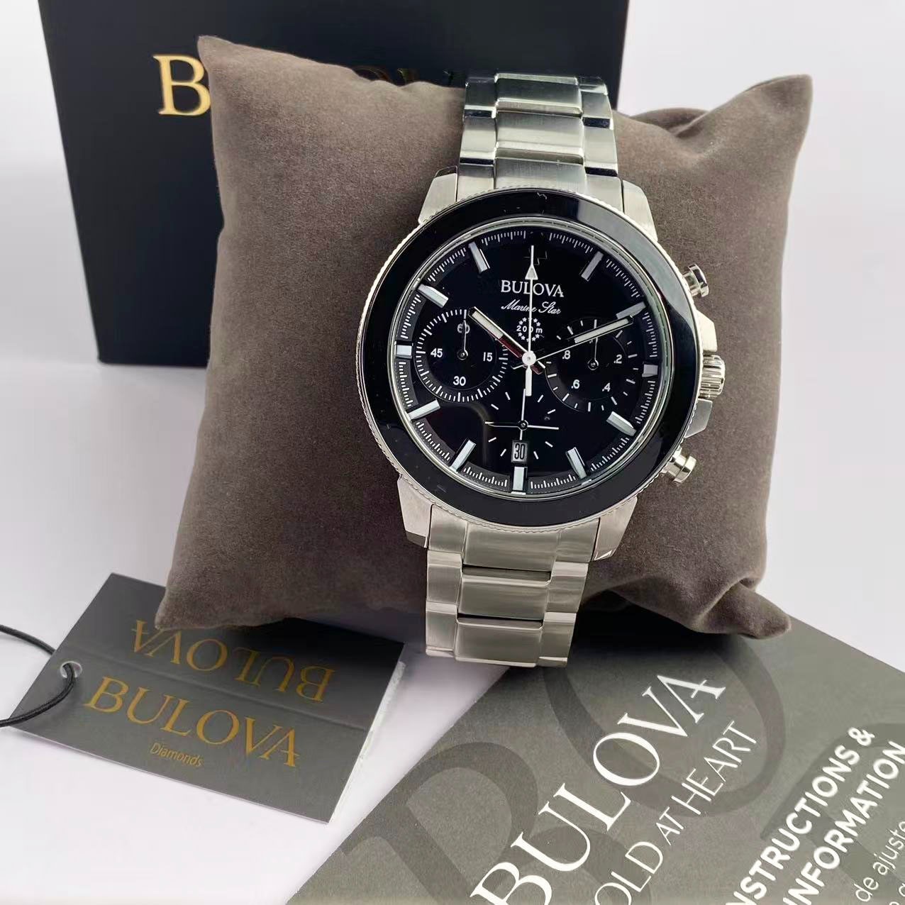 New Bulova Marine Star -96B272- Men’s Chronograph Quartz Watch Black Dial 45mm