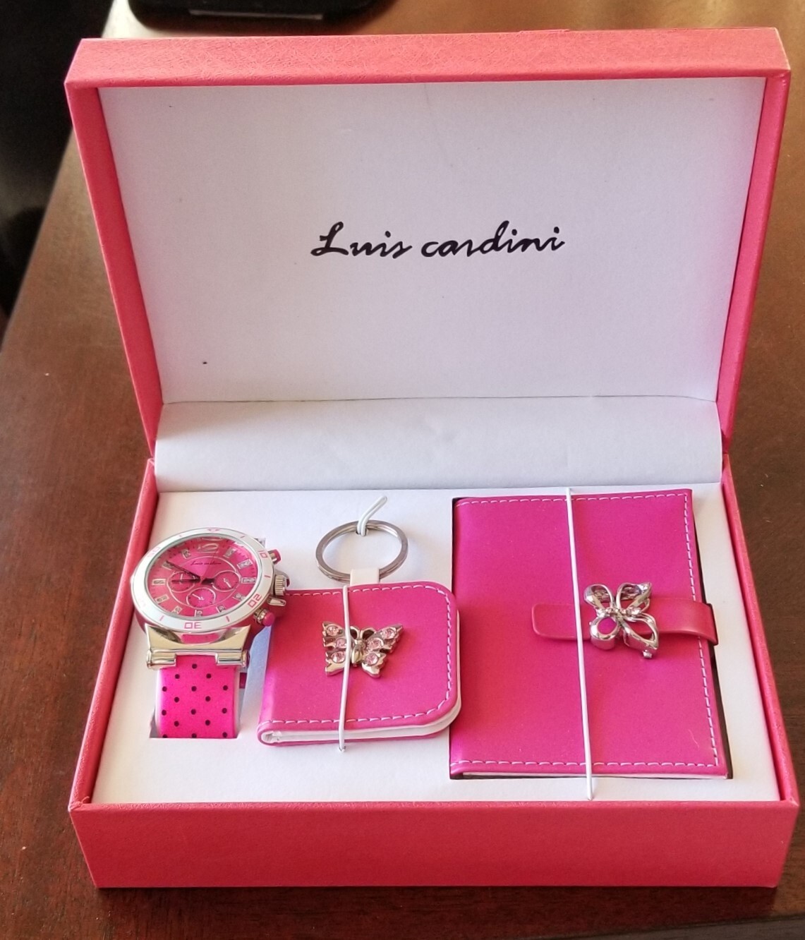 NIB Luis Cardini Silver Tone Watch, Photo Keyring, Notebook Set New Battery