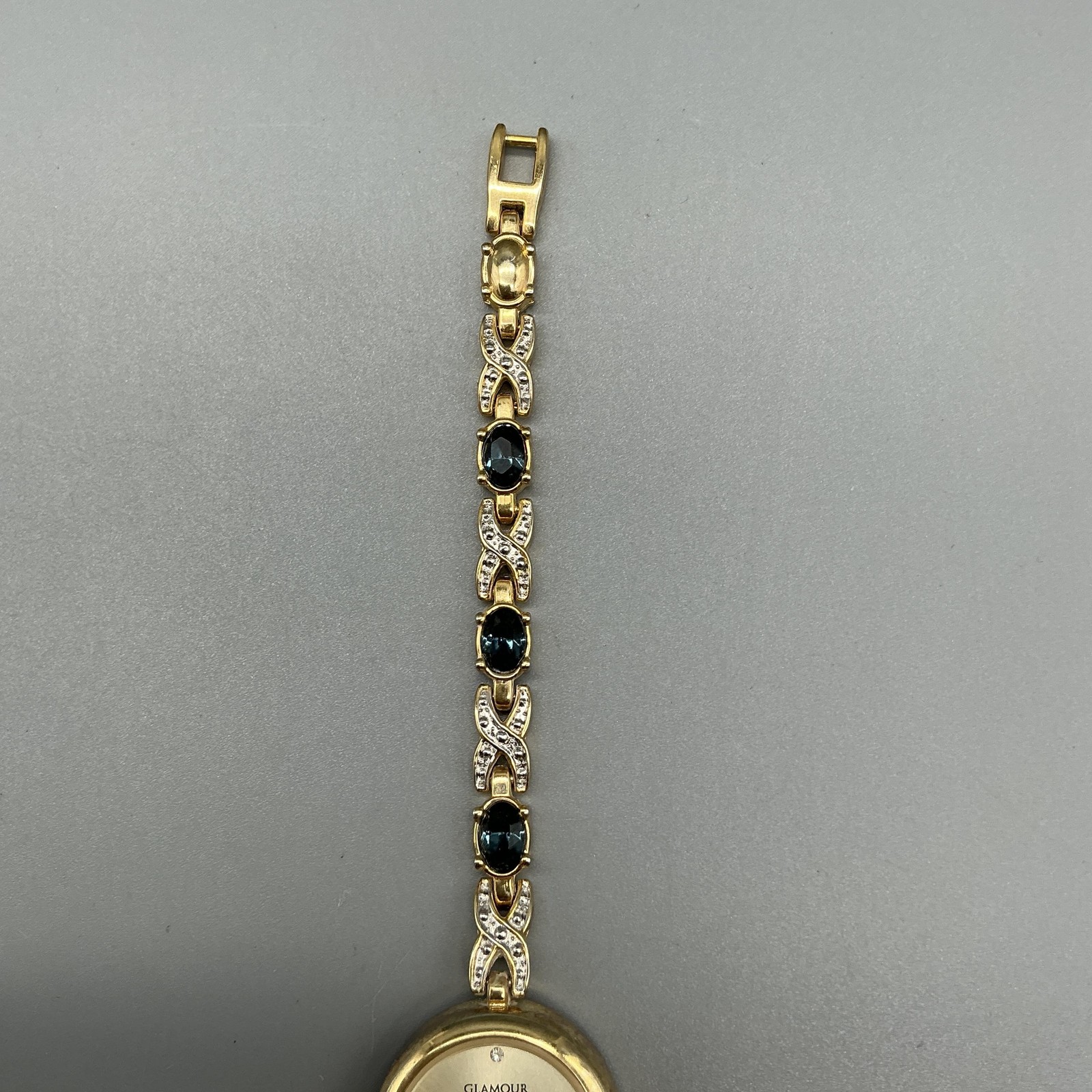 Glamour Womens Watch 22mm Gold Tone Gem Bracelet Blue Stones New Battery 7.5″