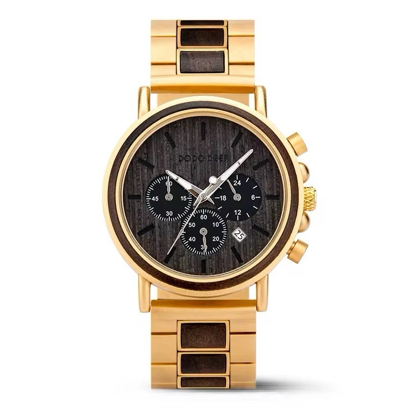 Luxury Red Sandalwood Gold Alloy Business Stopwatch Chronograph Wood Watch Glass