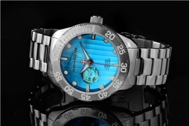 Aragon M50 NH38 50mm Blue Dial Automatic Open Heart 300m Steel Bracelet