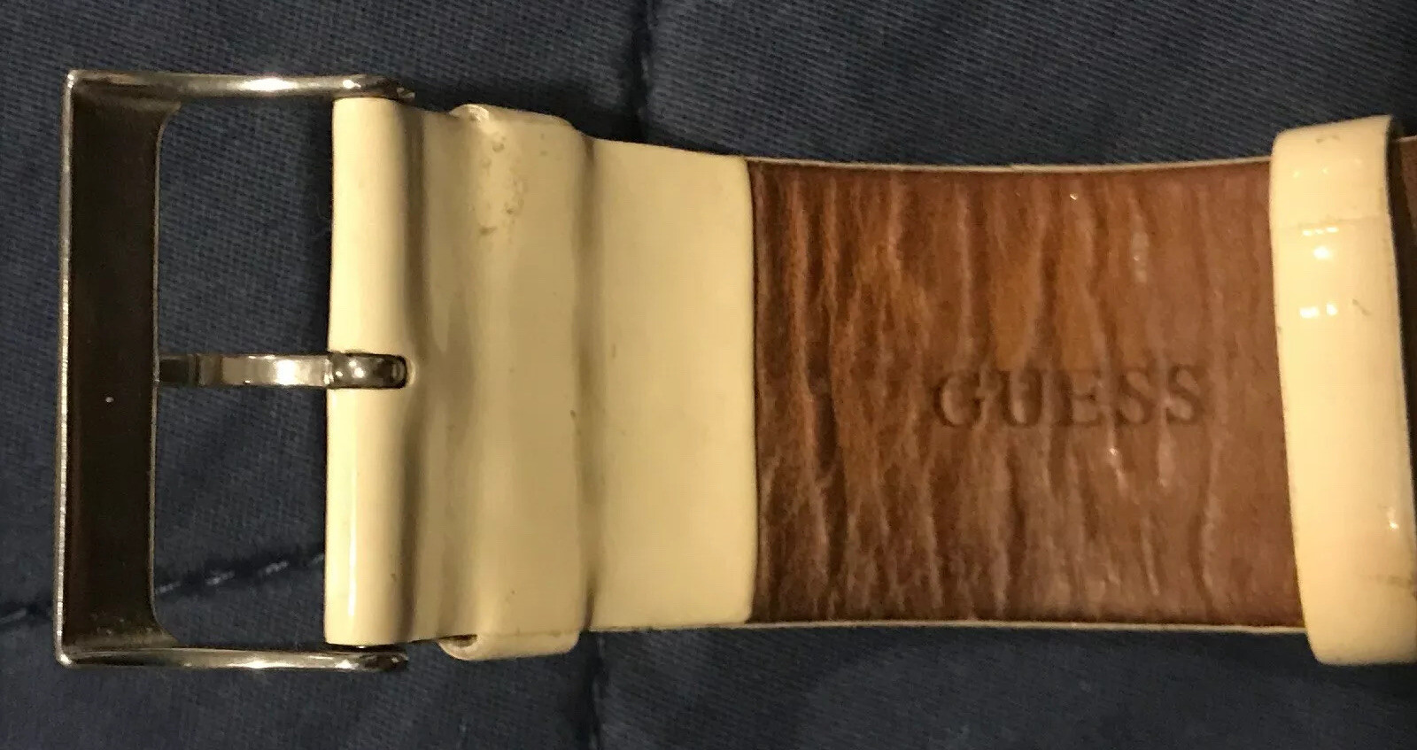 GUESS Women’s Teen Watch Cream Leather Band, Silver Dial W/ Rhinestones Y2K