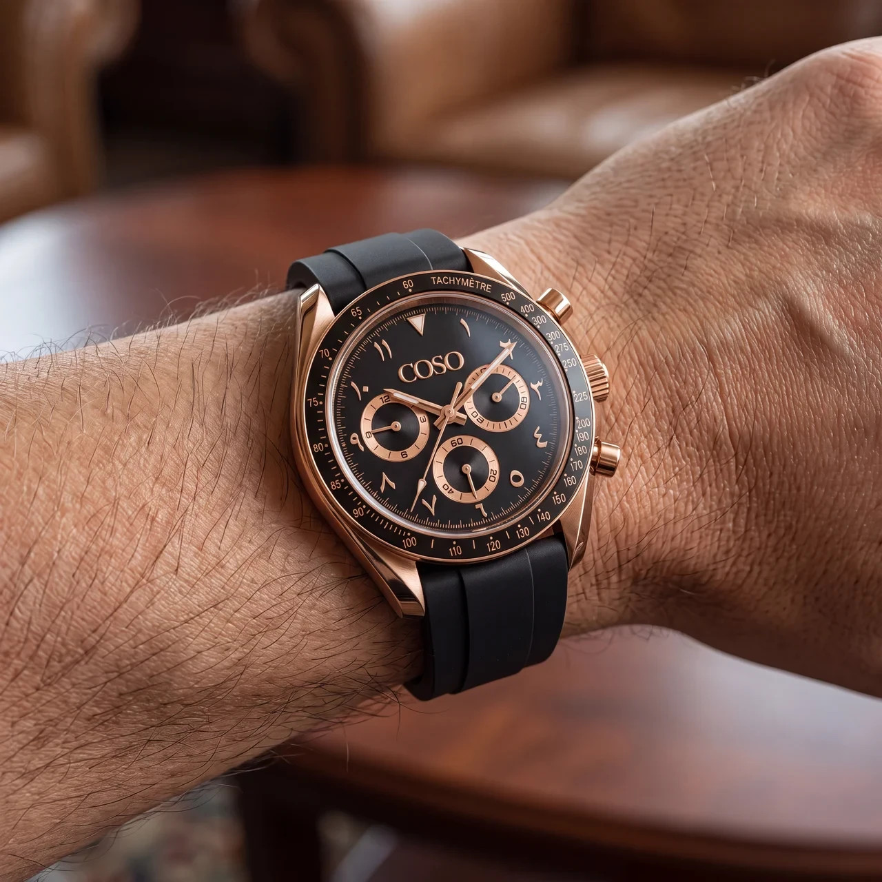COSO Torvex Chronograph Black Dial Rose Gold Eastern Arabic Numerals Strap