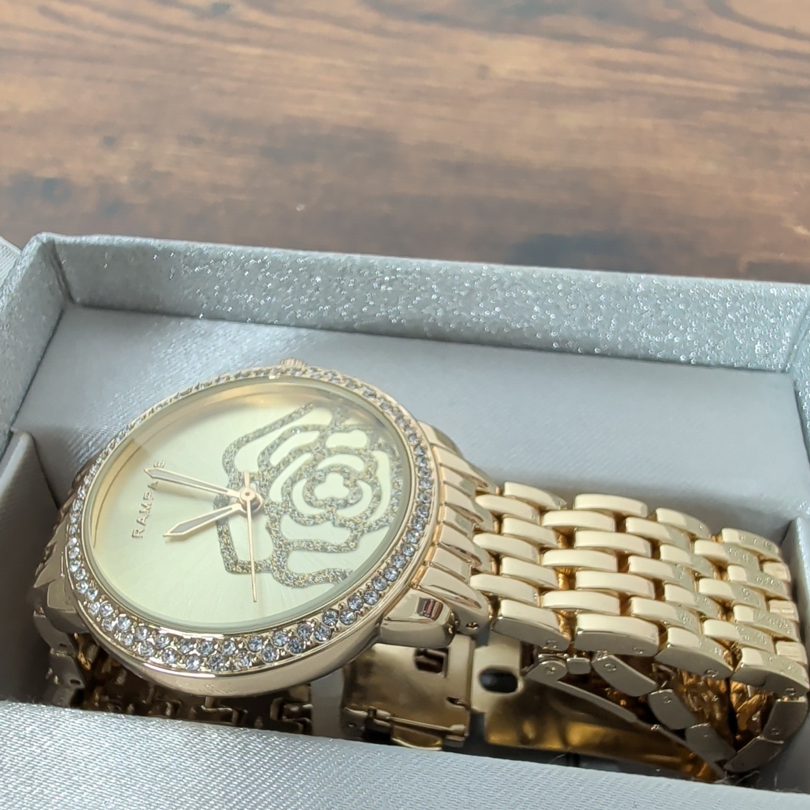 Rampage Gold Tone Quartz Analog Women’s Watch Crystal Bezel Bracelet w/Box