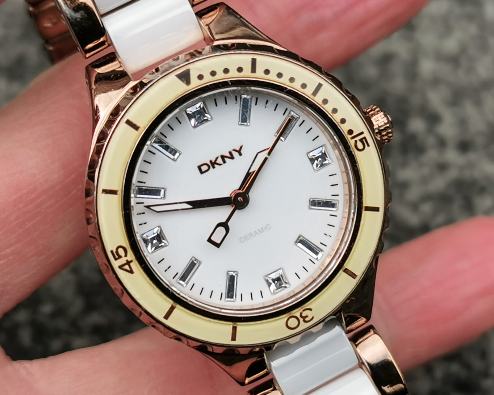 DKNY NY850 Rose Gold Watch, White Round Dial Ceramic Bracelet, Deployment Clasp