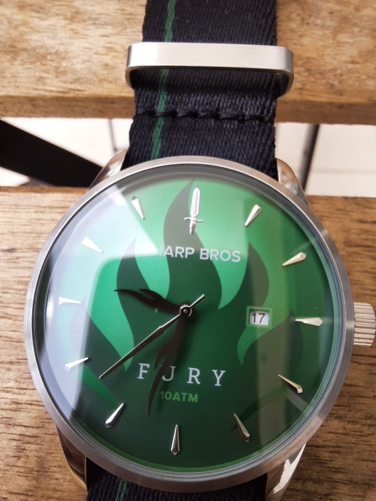 Sharp Bros Fury Watch Green Inferno Face Quartz 42mm Black One Piece Nylon Strap