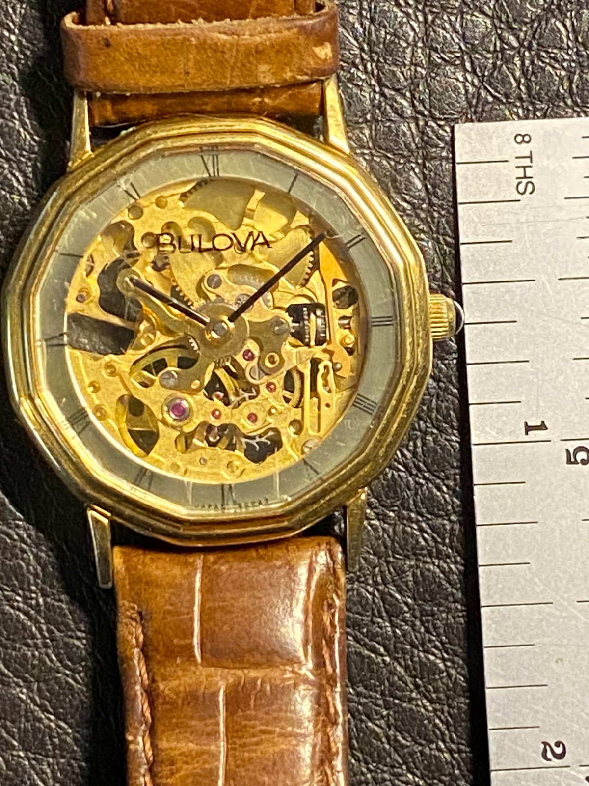 BULOVA GOLD SKELETON Unisex Leather 32mm Watch Onyx Screw