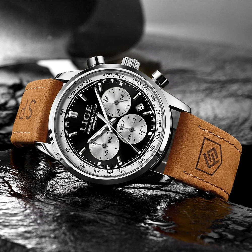 LIGE Men Watch Top Brand Luxury Military Leather Wristwatch Male Calendar Watch