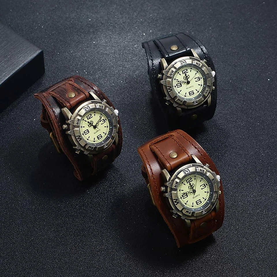 Vintage Retro Leather Cuff Bracelet Wide Band Steampunk Mens Quartz Wrist Watch⌚