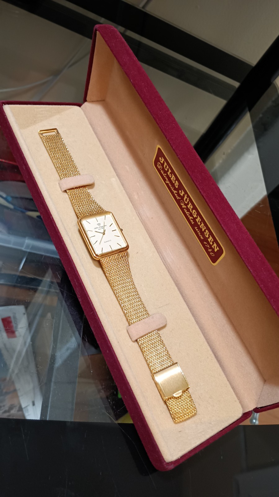 JULES JURGENSEN Rectangular Vintage Men’s Watch Gold Tone Quartz 26 mm Box