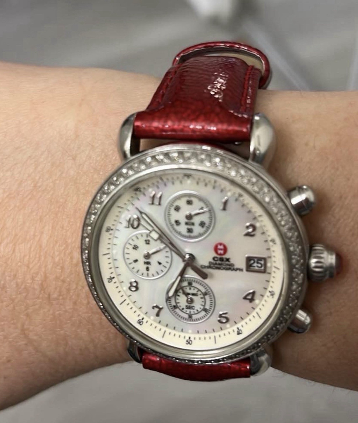 VintageMICHELE CSX Diamond Chronograph Quartz White Dial Red Leather Strap Watch