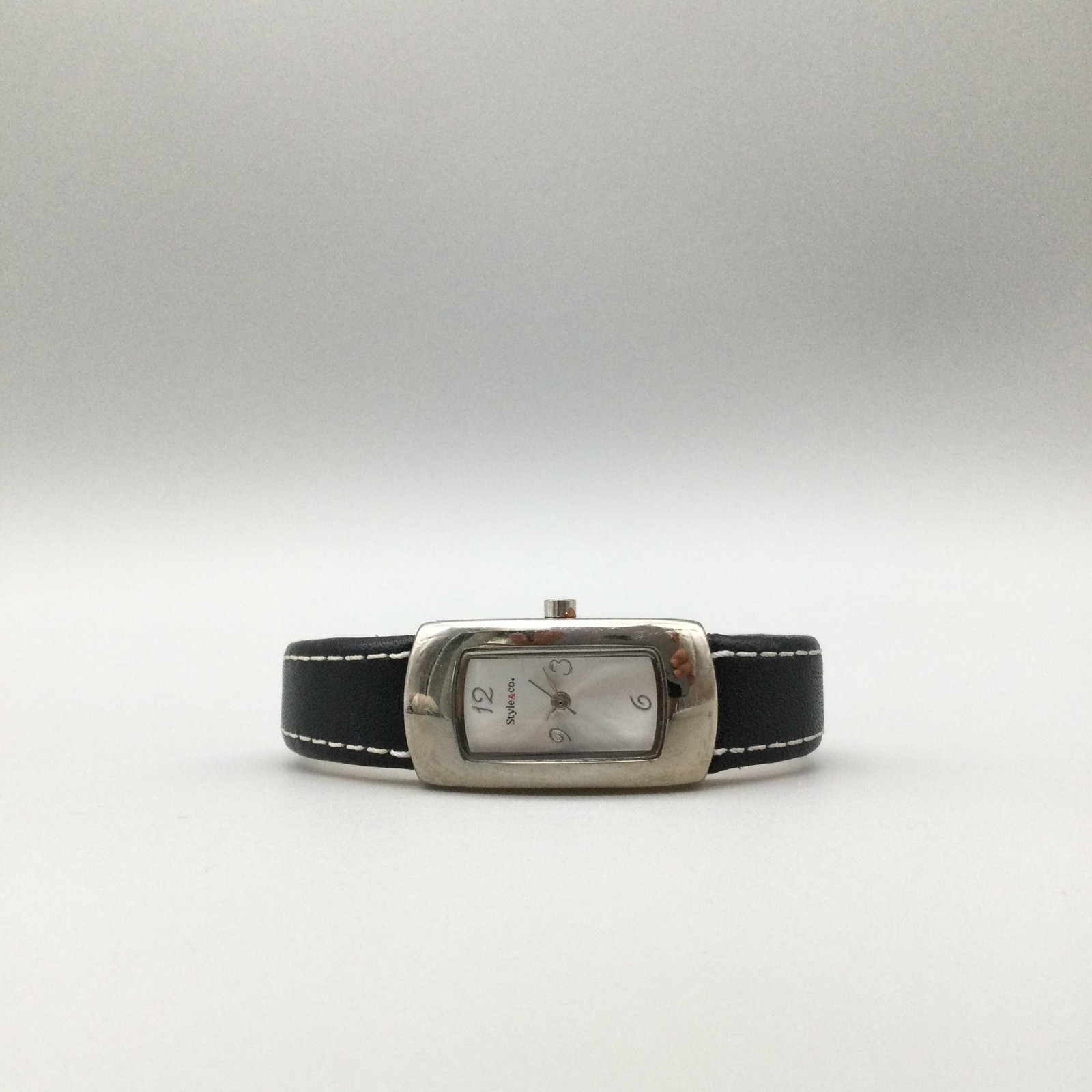 Style&co Womens Watch 18mm Silver Tone Black Leather Open Cuff New Battery
