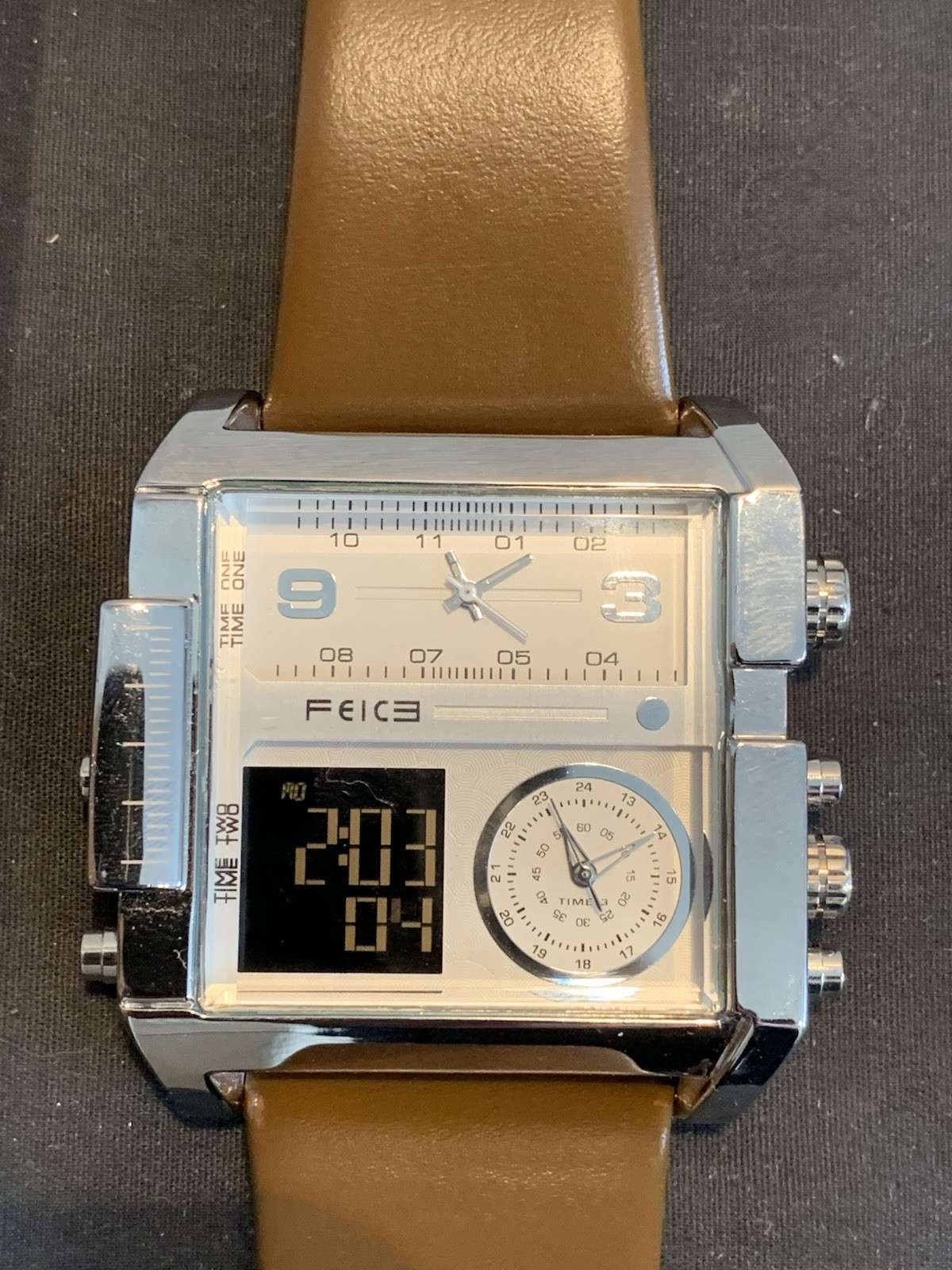 Feice Men’s Quartz Sport Watch Chronograph LED Square Analog Japan Movement Rare