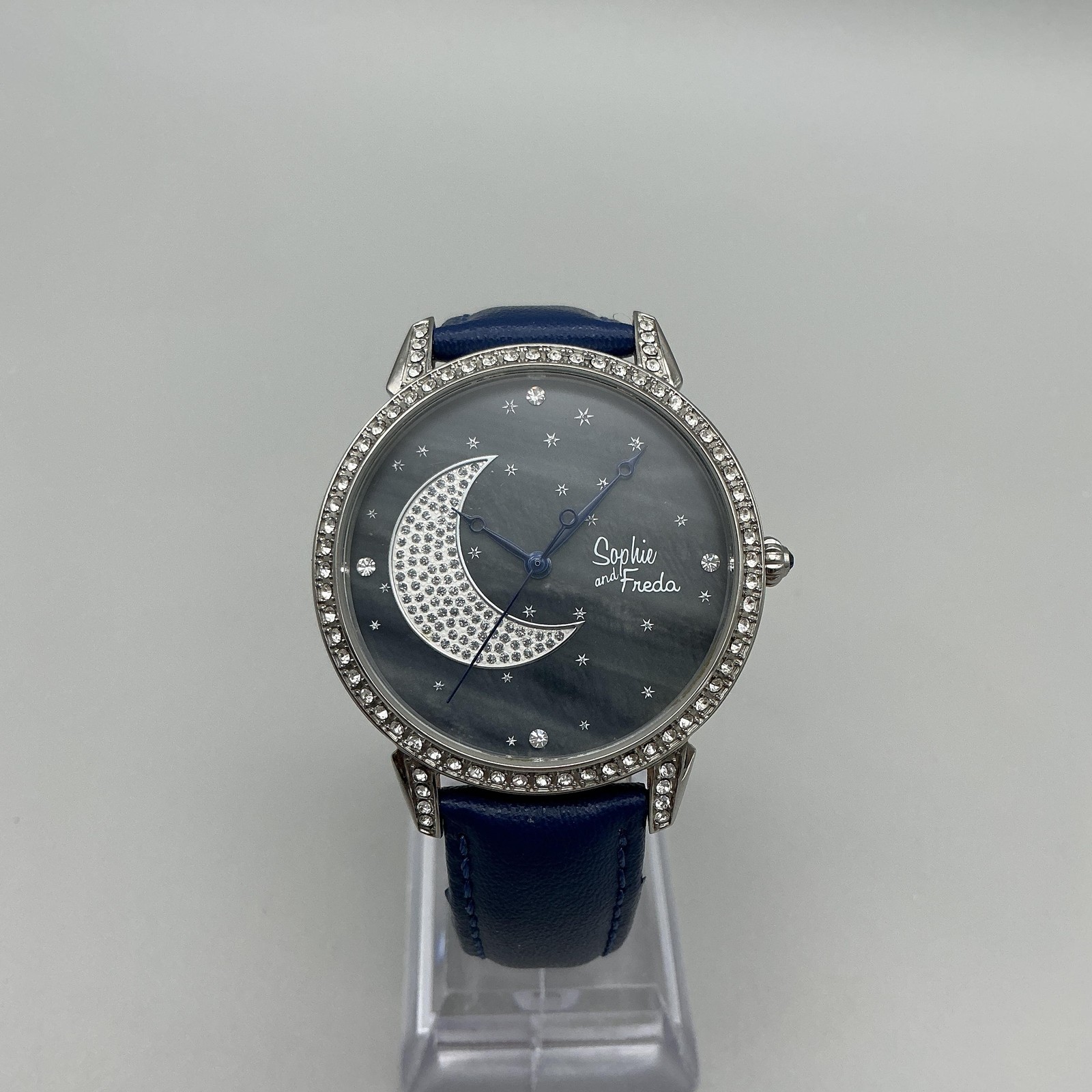 Sophie And Freda Womens Watch 38mm Moon Dial Crystals Blue Leather Band