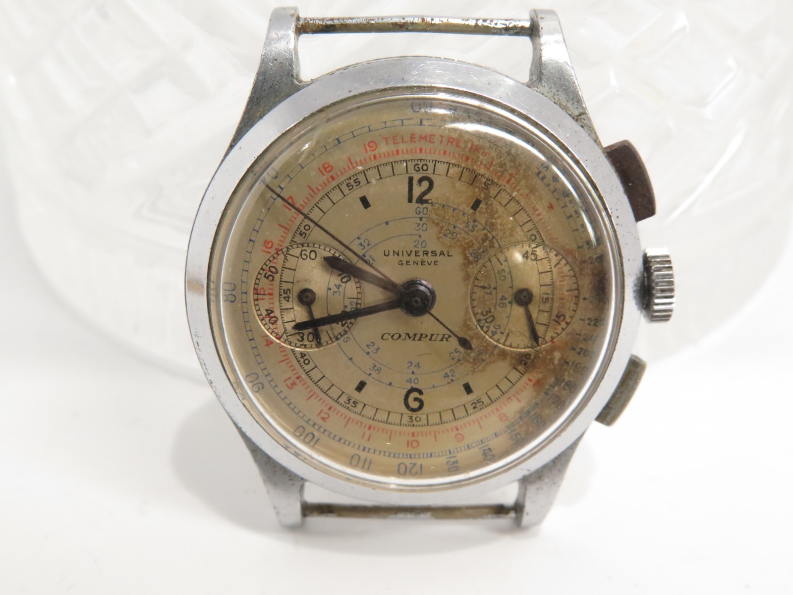 Vintage Original First Series Nickel Universal Compur Cal 285 Chronograph 1930s