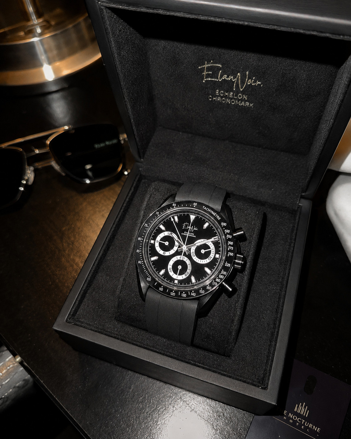Élan Noir Chronograph Watch VK63 Black Dial Sapphire Crystal Steel 40mm