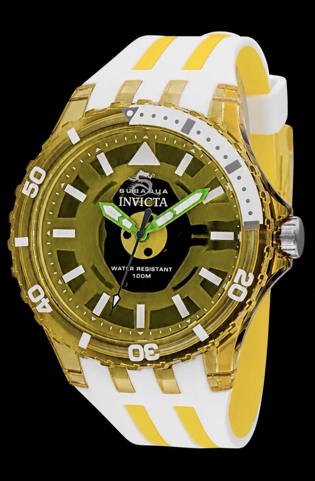 INVICTA Subaqua 44mm Watch, WR 100m, 8” Wrist, New/Box/3yr Wnty, Yellow & White