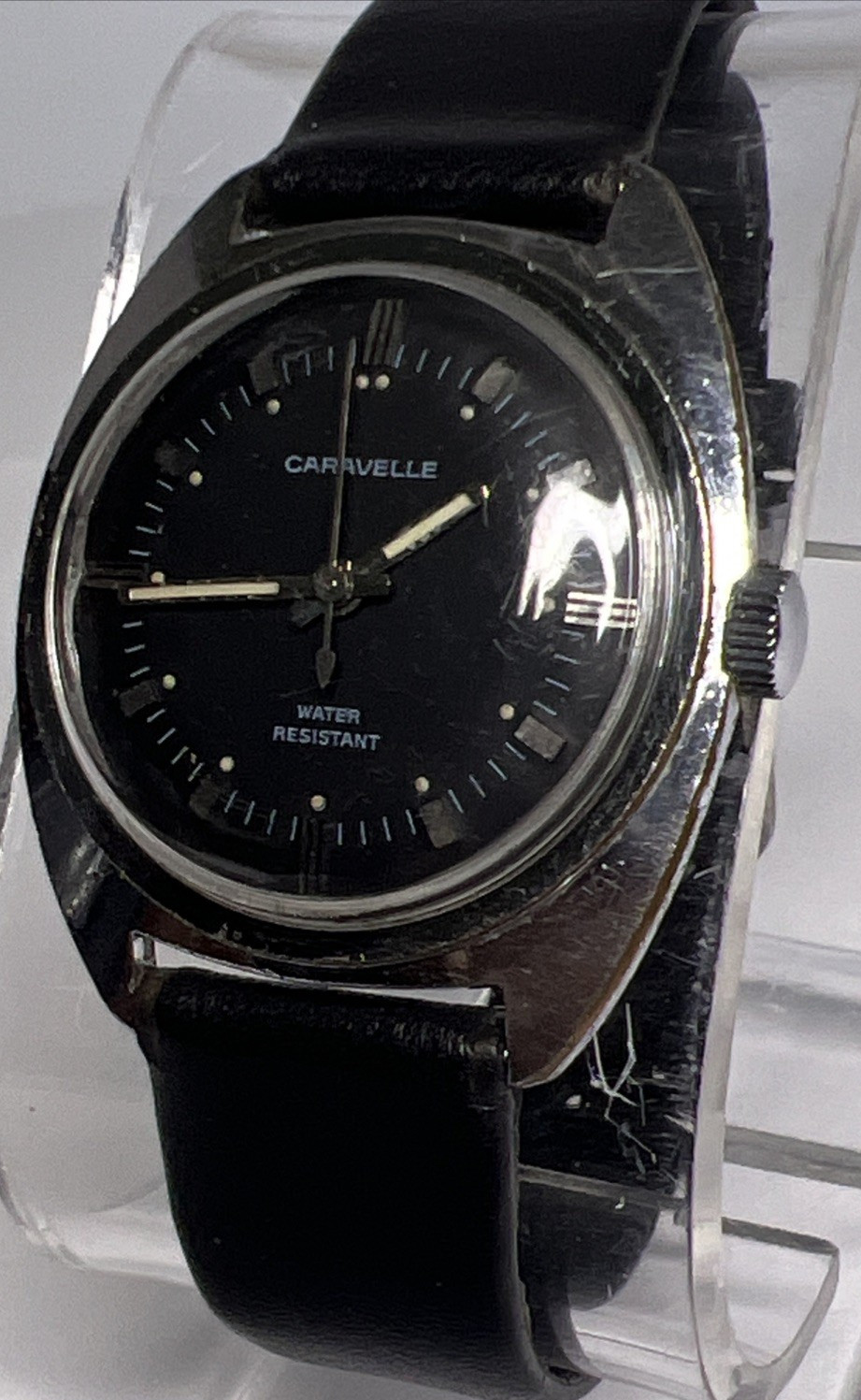 Caravelle 33.5mm Silver Tone Cushion Case Black Dial Manual Wind Leather Strap
