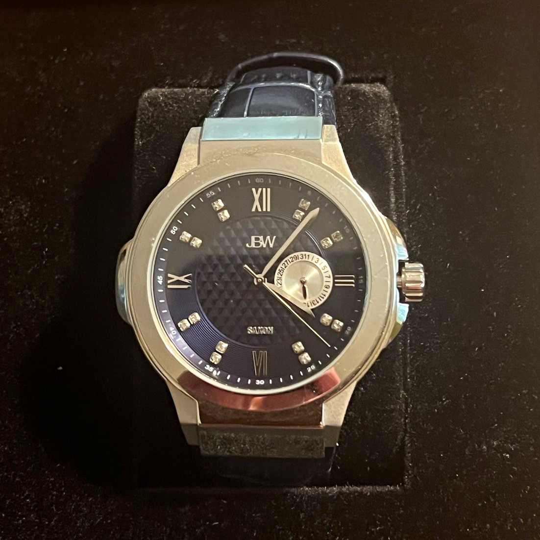 JBW Saxon Quartz Dress Watch Blue Dial Diamond/Roman Date Silver Case
